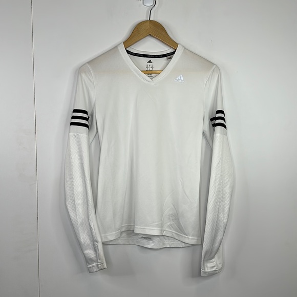 Adidas Response V-Neck Long Sleeve Shirt Womens Size S White Black Stripes - Picture 1 of 7
